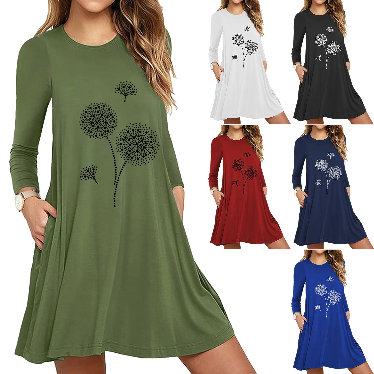 

Spring Long Sleeve Dandelion Print Dresses Women Plus Size Loose Dress Casual O-Neck Pocket Dress Streetwear Ladies 2021 female