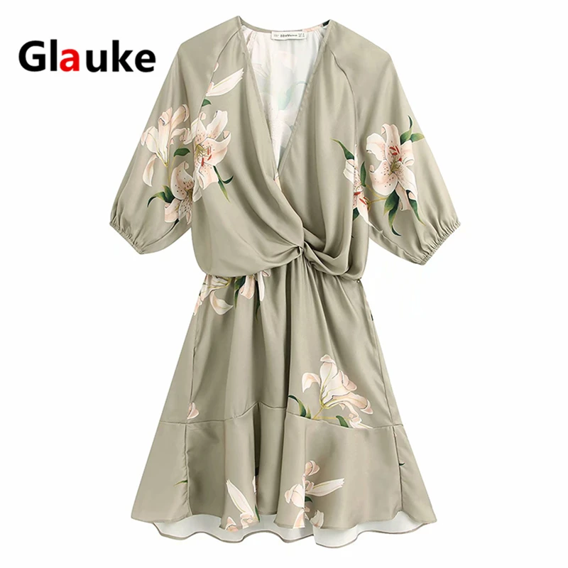 GLAUKE весеннее платье цвета хаки с принтом винтажное женское повседневное