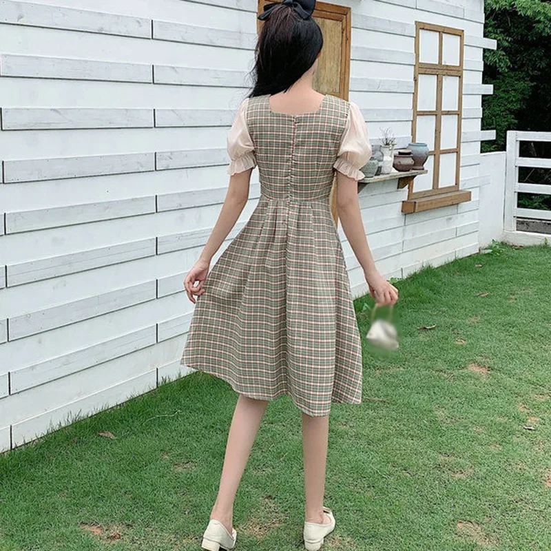 

Summer Retro Vestidos Cute Slim Plaid Square Collar Stitching Short-Sleeved Dress Party Holiday Dress Femme vestido de mujer