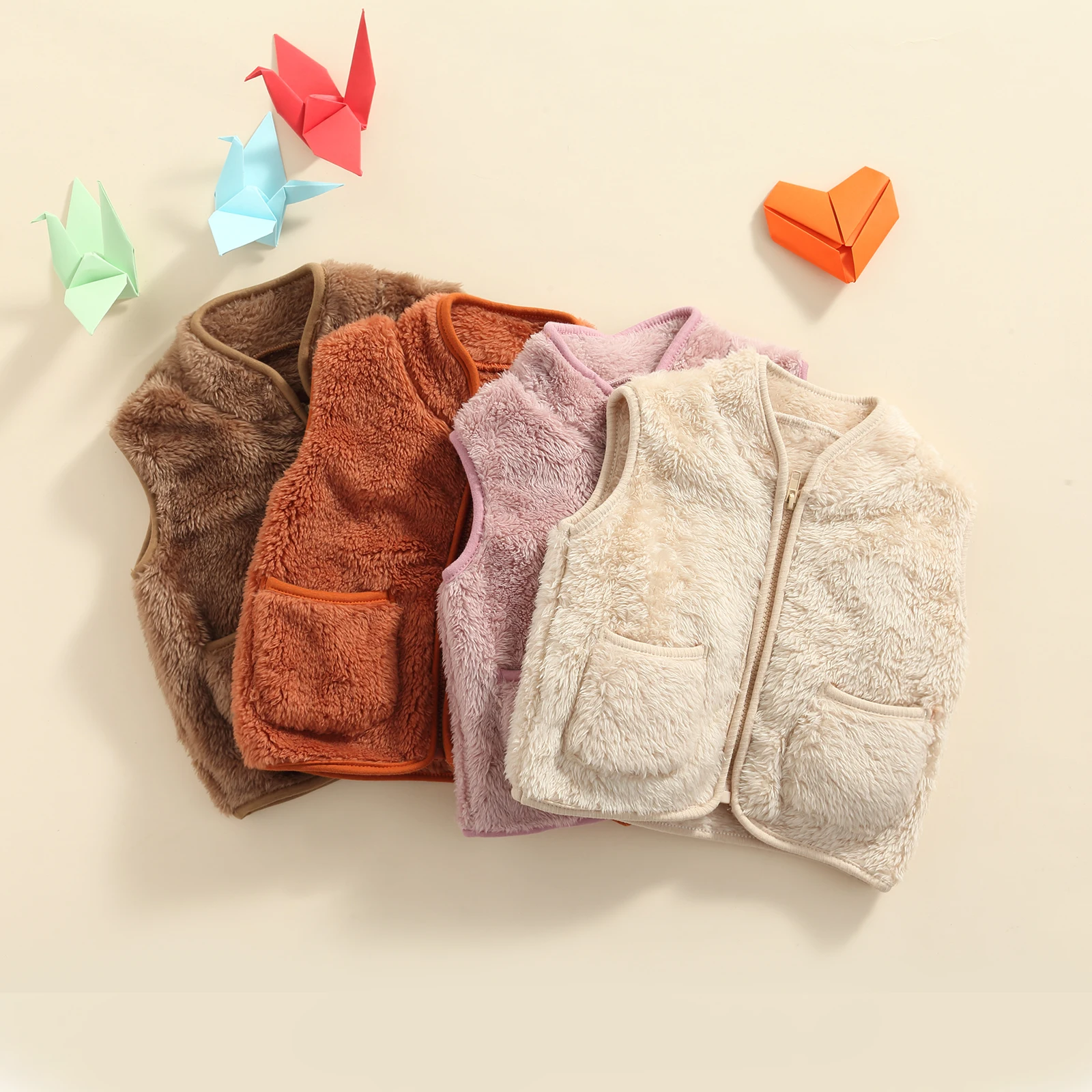 

Winter Autumn Warm Tops Infant Sleeveless Plush Vest Kids V-neck Zipper Outerwear Children's Clothing Vests Waistcoats