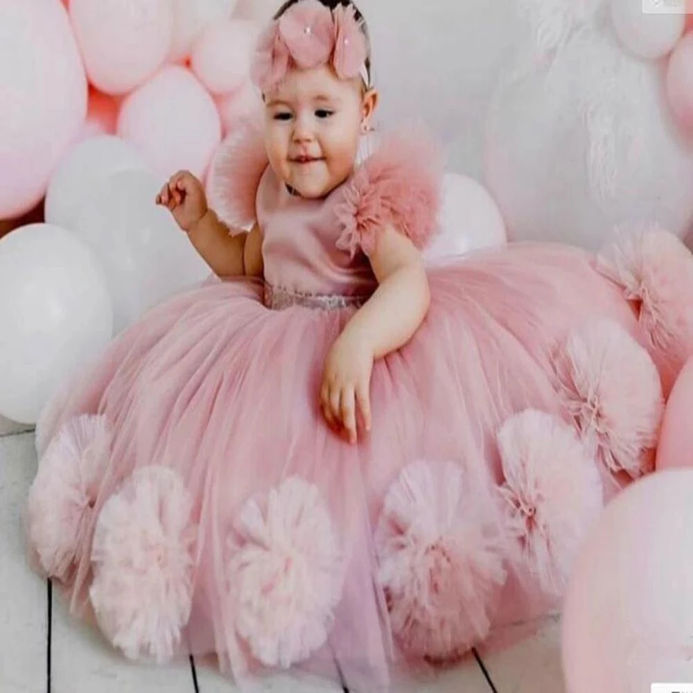 

Blush Pink Flower Girl Dresses and Mother's Dress with Big Handmade Flowers Girl Party Dresses Pageant Birthday Gowns