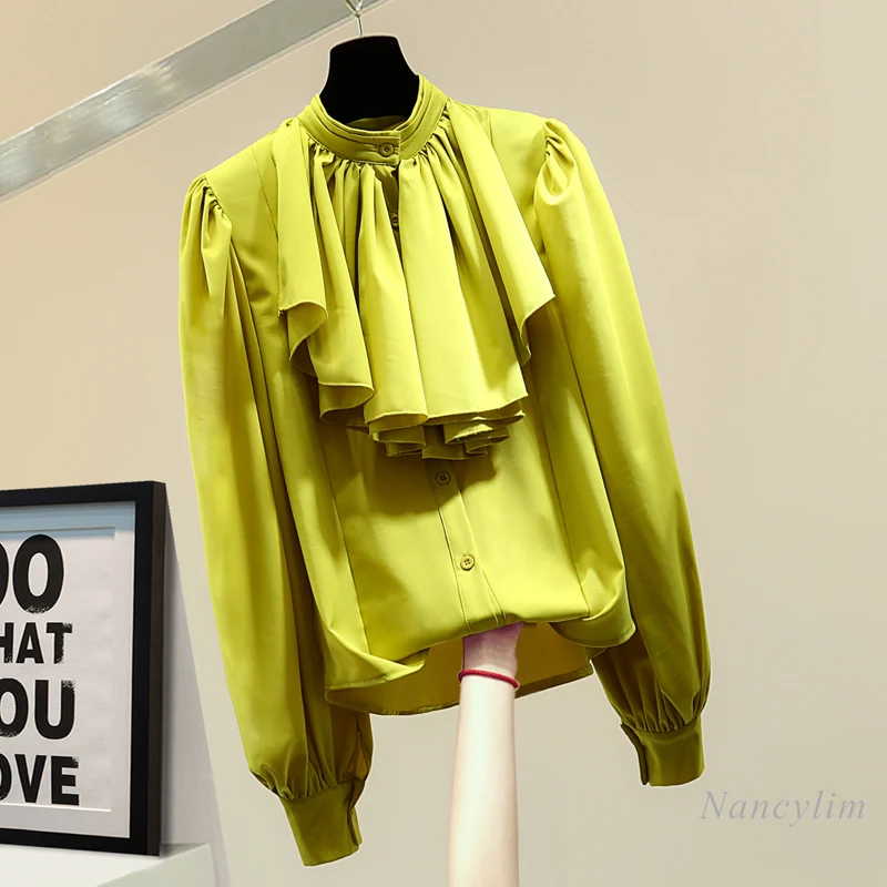

Ruffled Stand Collar Shirt Women 2021 Spring Korean Style Loose Long Sleeve Fashion Elegant Puff Sleeve Solid Color Blouse Blusa