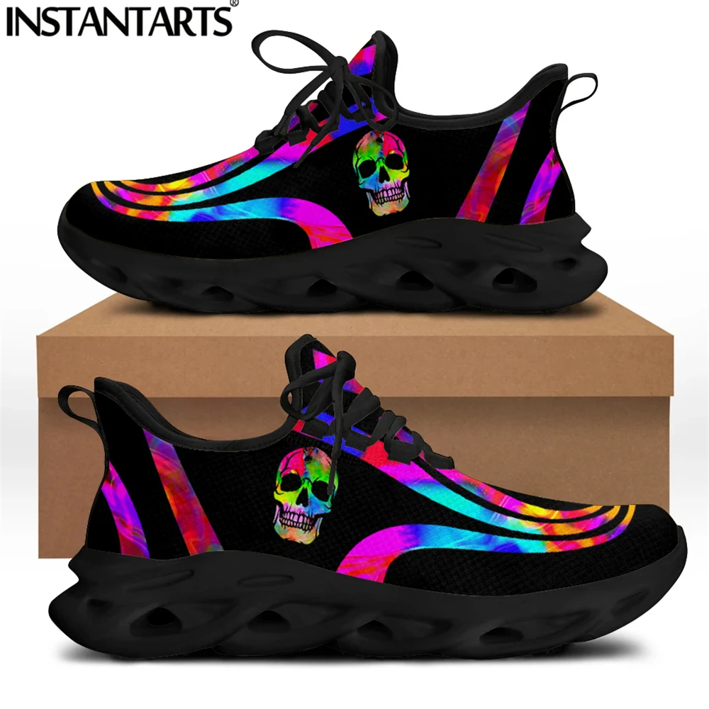 

INSTANTARTS Colorful Skull Pattern Ladies Platform Flats Breathable Lace up Sneakers Shoes Lightweight Soft Zapatillas 2021 Hot