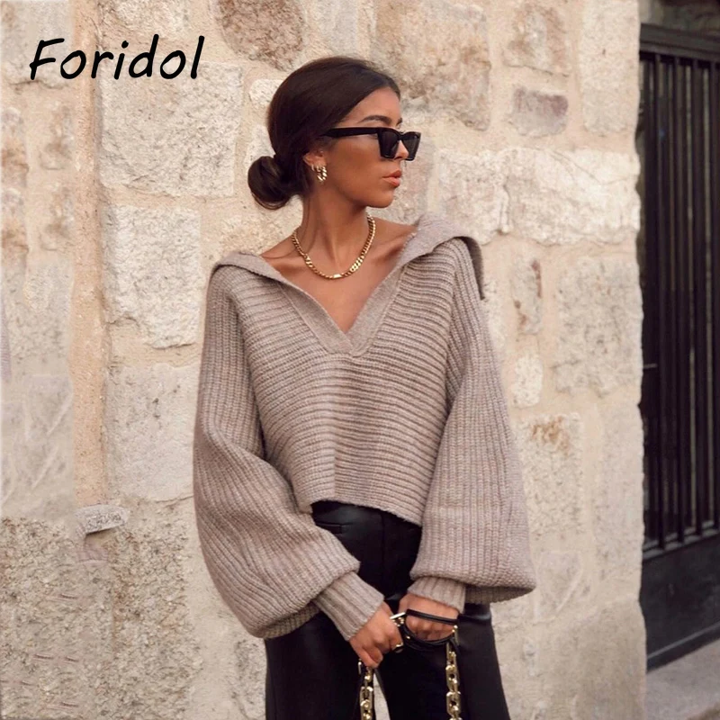 

Foridol Turn Down Collar Knitting Pull Femme Winter Short Sweater Women Casual Vintage V Neck Oversize Jumper Jersey Suter Mujer