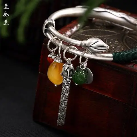 

[Fish Opera Lotus] Silver Bracelet Female Sterling Silver 99 Pure Silver Ethnic Style Tassel Beeswax Retro Silver Bracelet Shrim