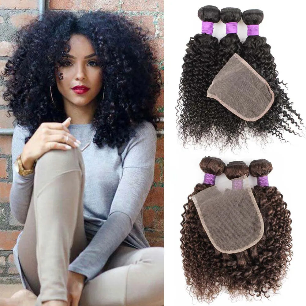 3 Bundles with Closure Transparent Lace 200g/set Jerry Curly 12-22 inch Black Brown Remy Human Hair Weave Bobbi Collection