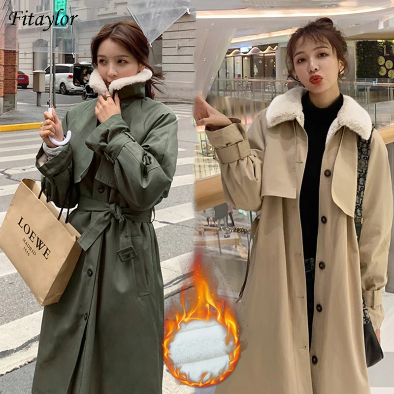 Fitaylor Spring Black Trench Coat Women Warm Long Lamb Wool Lining Jacket Khaki Thickening Windproof Street Wear Female Outwear | Женская