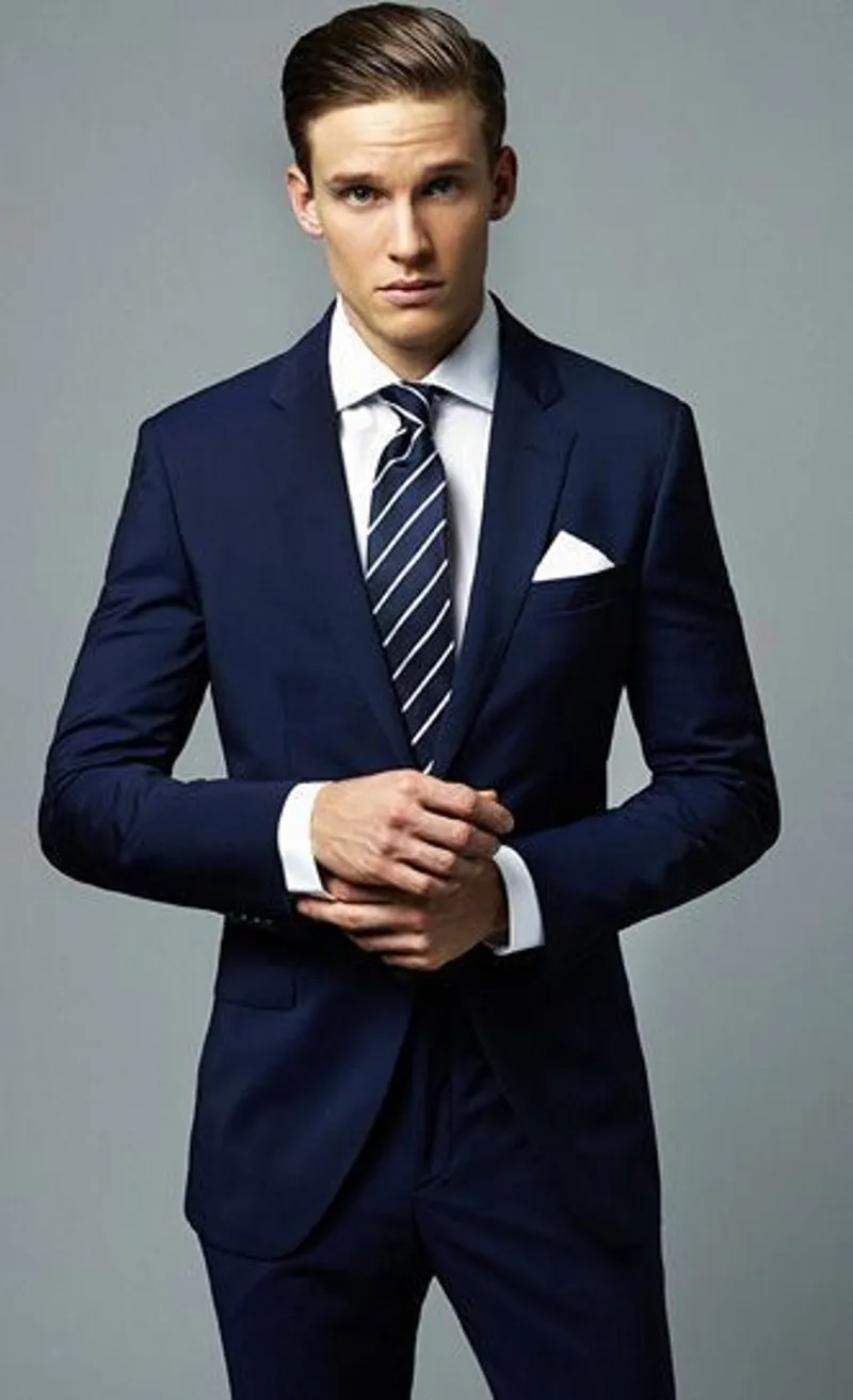 Handsome Dark Blue 2 Pieces Mens Suits (Jacket+Pants) Groom Tuxedos Slim Fit Best Man Suit Groomsman Mens Wedding Suits
