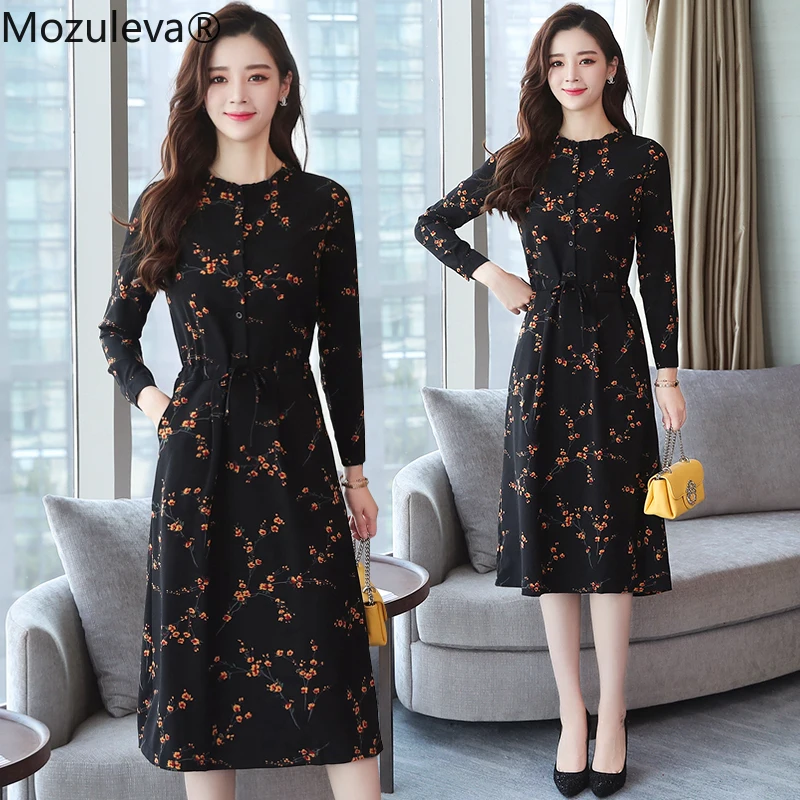 Mozuleva 2019 осень зима новое черное платье с цветочным рисунком размера плюс миди