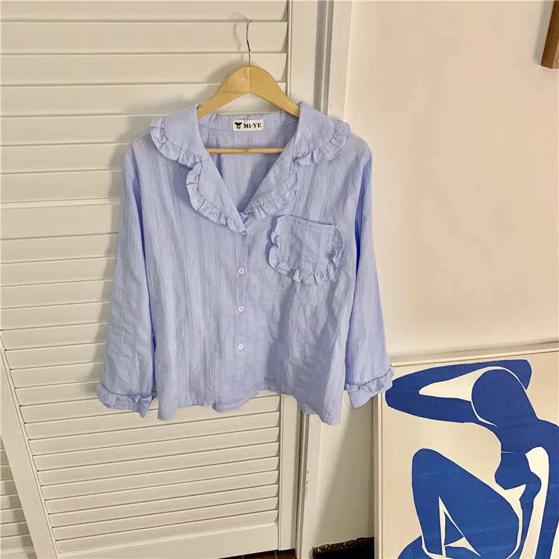 

3 color 100% cotton home clothes women long sleeve ruffles blouse loose pants 2 piece set home suit sleepwear pajamas set Y122