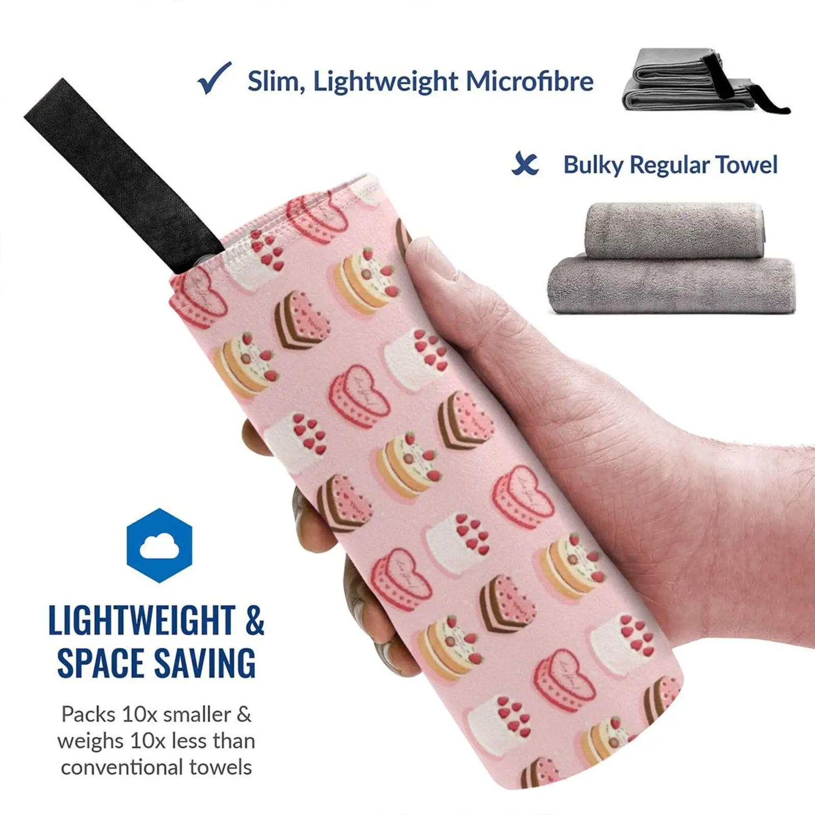 Милое розовое быстросохнущее полотенце с иллюстрацией тортов портативное