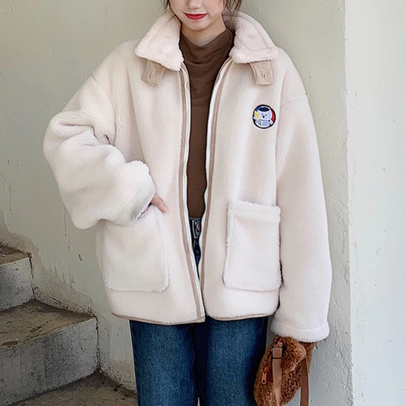 WKFYY Women Winter Causal Beige Lambswool Cartoon Beer Embroidery Stand Collar Thick Oversize Jacket Coat Outwear C4004