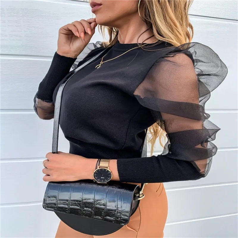

Elegant Women Autumn Casual Tops Fashion Lady Tulle Ruffle Long Puff Sleeve O Neck Blouse Loose Casual Tops Streetwear