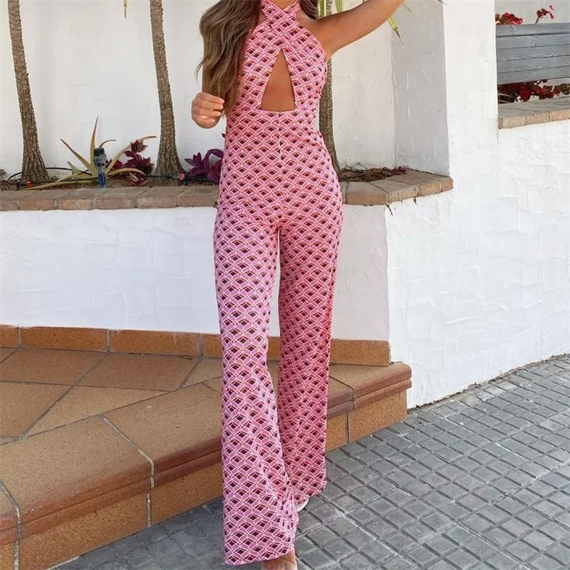 

MESTTRAF Women 2021 Fashion Plaid Printed Wide Leg Pants Cross Neckline Halter Jumpsuit Sexy Halter Casual Jumpsuit Streetwear