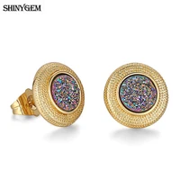 shinygem trendy 14mm gold plating round natural sparkling crystal druzy stud earrings classical earrings for women luxury gift