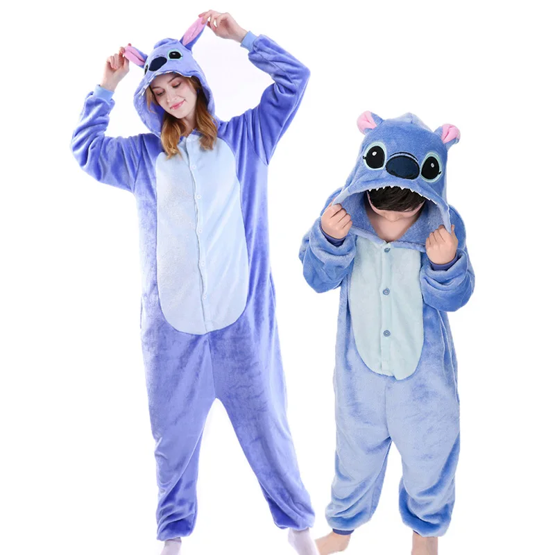 Stitch Blue Kigurumi/пижамы с единорогом для взрослых и детей; Одинаковая одежда для семьи с изображением животных для мамы и дочки; зимние фланелевые пижамы для женщин и детей - Цвет: Stitch Blue