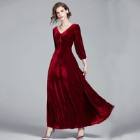 zuoman women autumn winter elegant velvet dress female long maxi party robe high quality v neck designer vintage vestidos