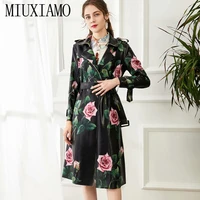 miuximao 2021 spring autumn coat long sleeved double waist elegant rose print mid length vestidos with belt womens jackets