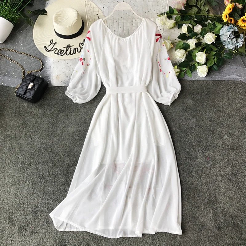 Шифоновое богемное женское платье Новинка лета 2020 вышитое длинное пляжное макси