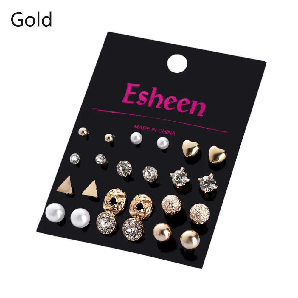 Gold 6/12 пар, простые изысканные элегантные свадебные серьги-гвоздики с геометрическим кристаллом, набор женских сережек из сплава с круглым цирконием, ювелирные наборы - Окраска металла: Gold