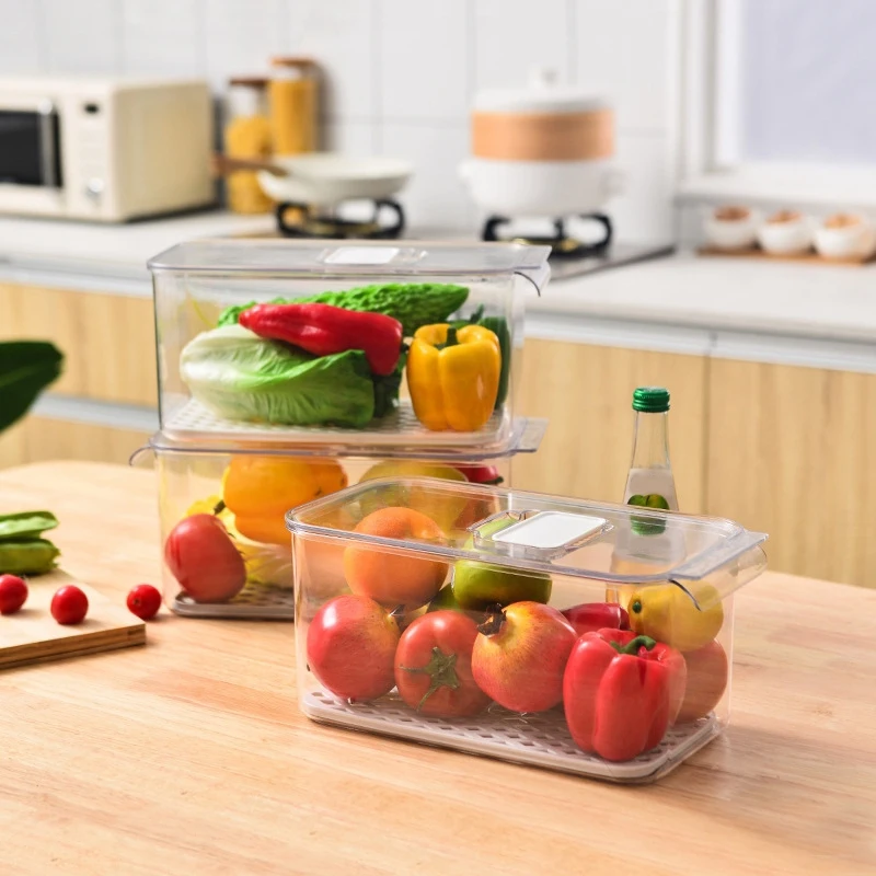 

2Pcs Refrigerator Storage Box Clear Fruit Vegetable Drain Containers with Lid Kitchen Fridge Organizer