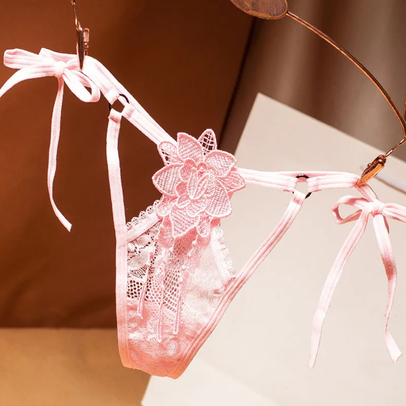 Pink Женские Модные кружевные сексуальные бесшовные трусики ультра-тонкий галстук полоса из треугольника женские трусы большого размера с низкой посадкой стринги - Цвет: Pink