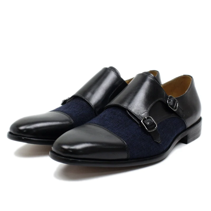 DANIEL WAFER Brand Designer Monk Strap Mens Dress Shoes Genuine Leather With Denim Black Brown Wedding Party Dress Shoes Men - Цвет: Black