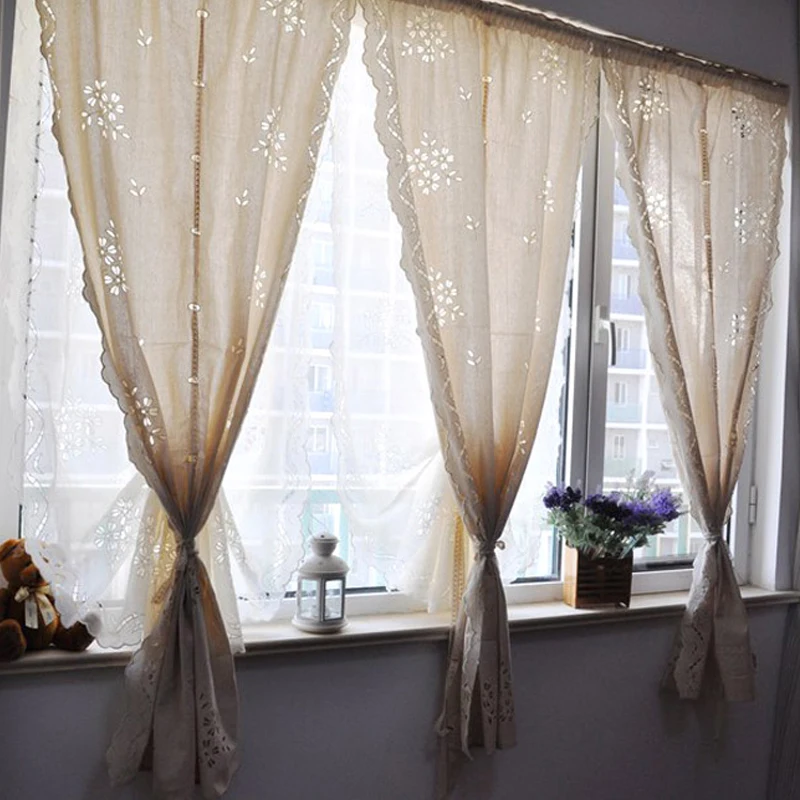 

Handmade Cotton Linen Solid Beige Blackout Curtains Pastoral Hand Crochet Hollow Out Cortinas Rod Pocket Kitchen Shower Curtains