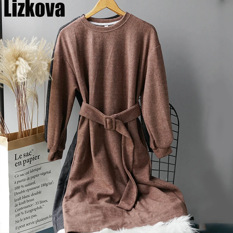 Женское зимнее винтажное серое Свободное длинное платье с круглым вырезом и