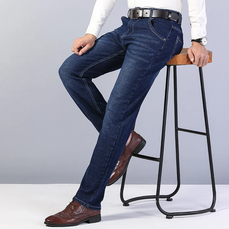 

2020 Winter New Men's Warm Slim Fit Jeans Business Fashion Thicken Denim Trousers Stretch Brand Pants Black Blue