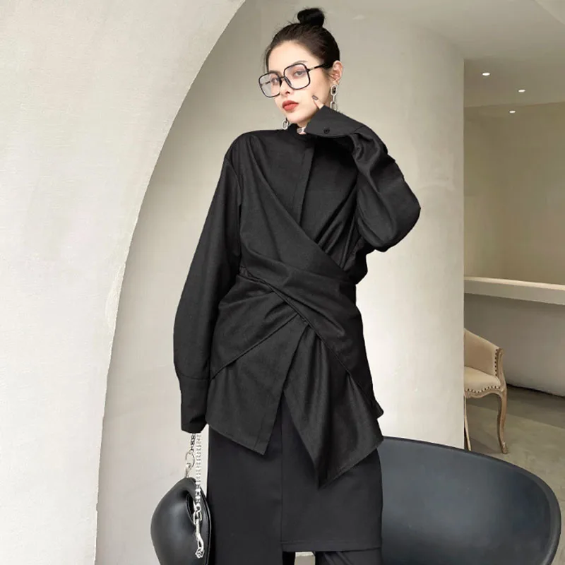 

SeeBeautiful Simple Large Size Shirt Stand Collar Long Sleeve Stitching Button New Fashion 2021 Spring Women E221