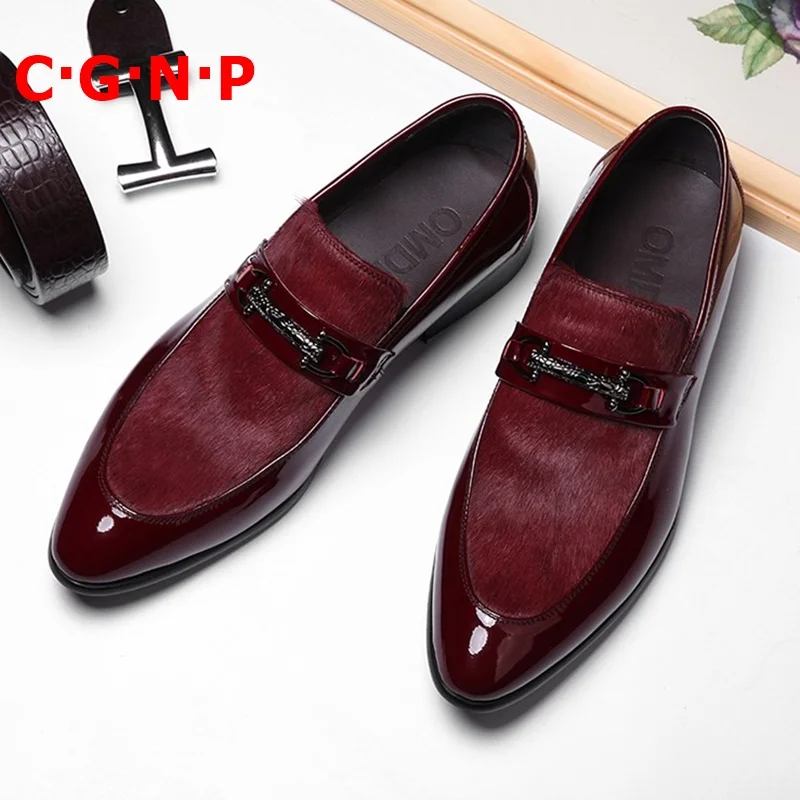 

C·G·N·P Hot Fashion Horsehair Shoes Men Slip On Leather Casual Shoes Handmade Patent Leather Pointed Toe Loafers Dress Shoes