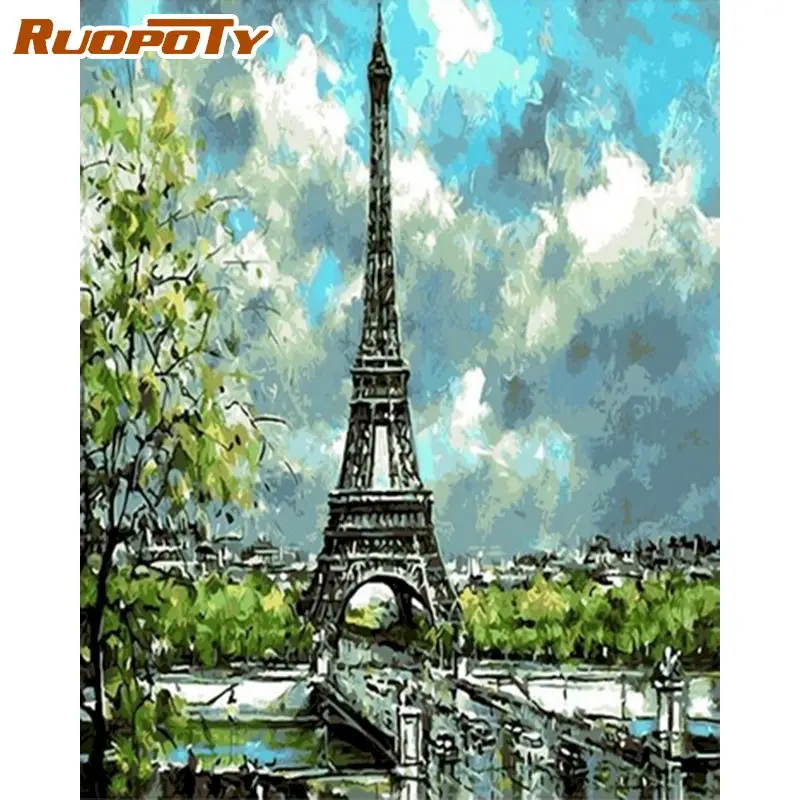 

RUOPOTY Diy Frame Spring Paris Tower Landscape Painting By Numbers Kit Modern Wall Art Picture Acrylic Paint By Numbers