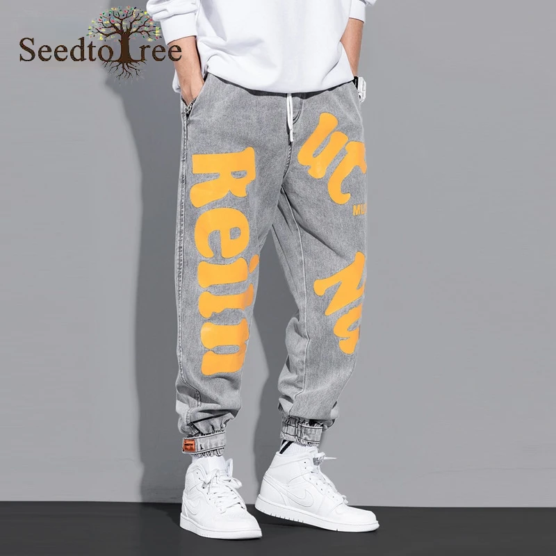 Letter Printing Casual Jeans Men's Loose Drawstring Ankle Length Pants Harem Pants M-5XL Large Size Denim Trousers