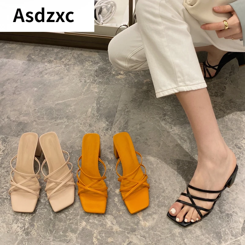 

Женские шлепанцы с узкими ремешками, элегантные сандалии на высоком каблуке, открытый носок, сланцы, летние Тапочки