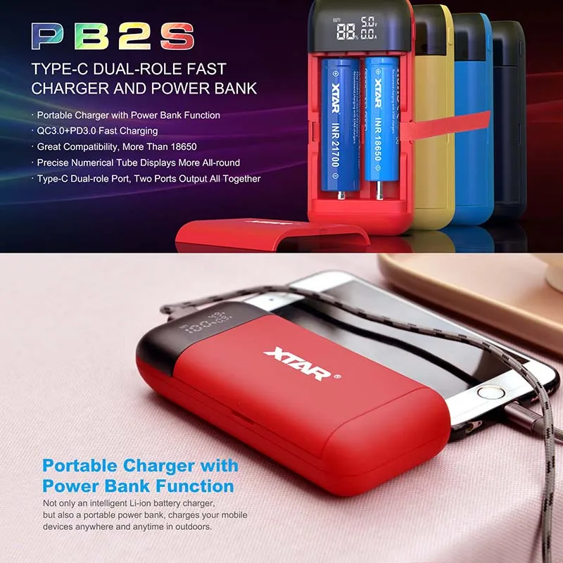 xtar power bank 18650 battery charger pb2s qc3 0 adapter quick charging rechargeable battery 18650 portable charger 21700 free global shipping