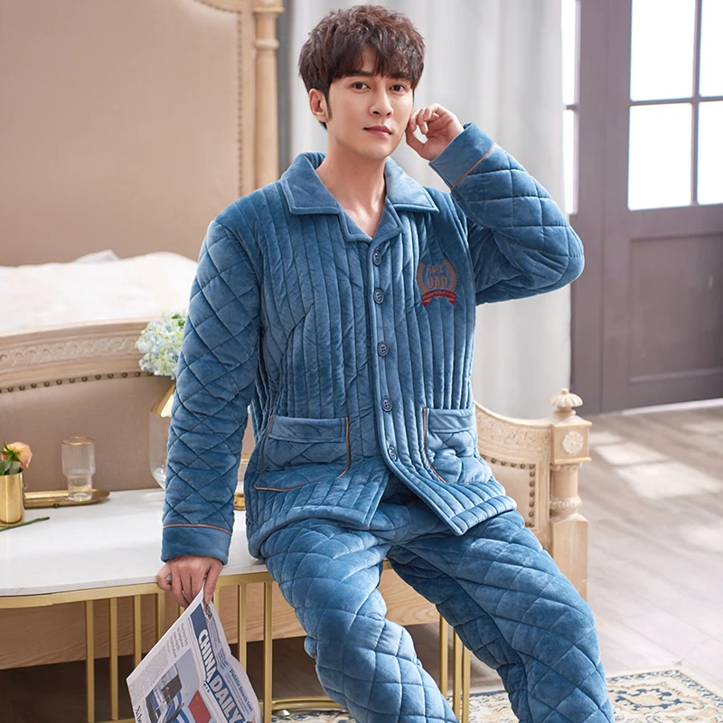 Winter Three Layers Quilted Pajamas Men Long Sleeved Coral Fleece Warm Soft Flannel Pyjamas Mens Lounge Solid Color Pajamas Set