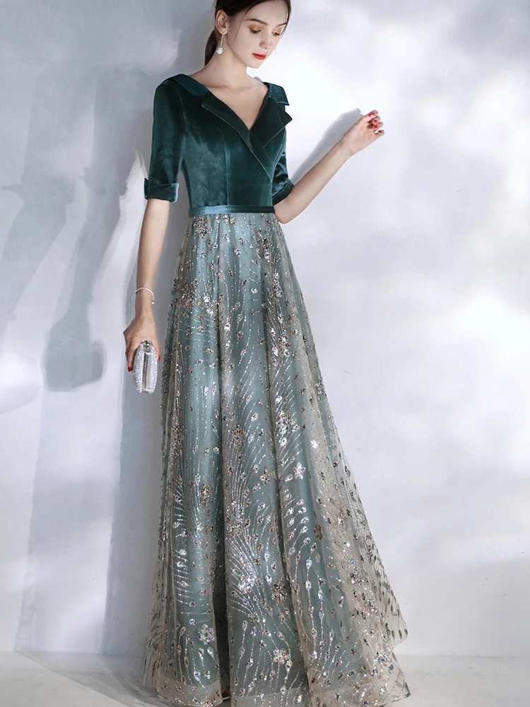 

Women Formal Gowns Long 2020 Elegant V-neck A-line Floor-length Backless Velvet Evening Dresses With Sleeve