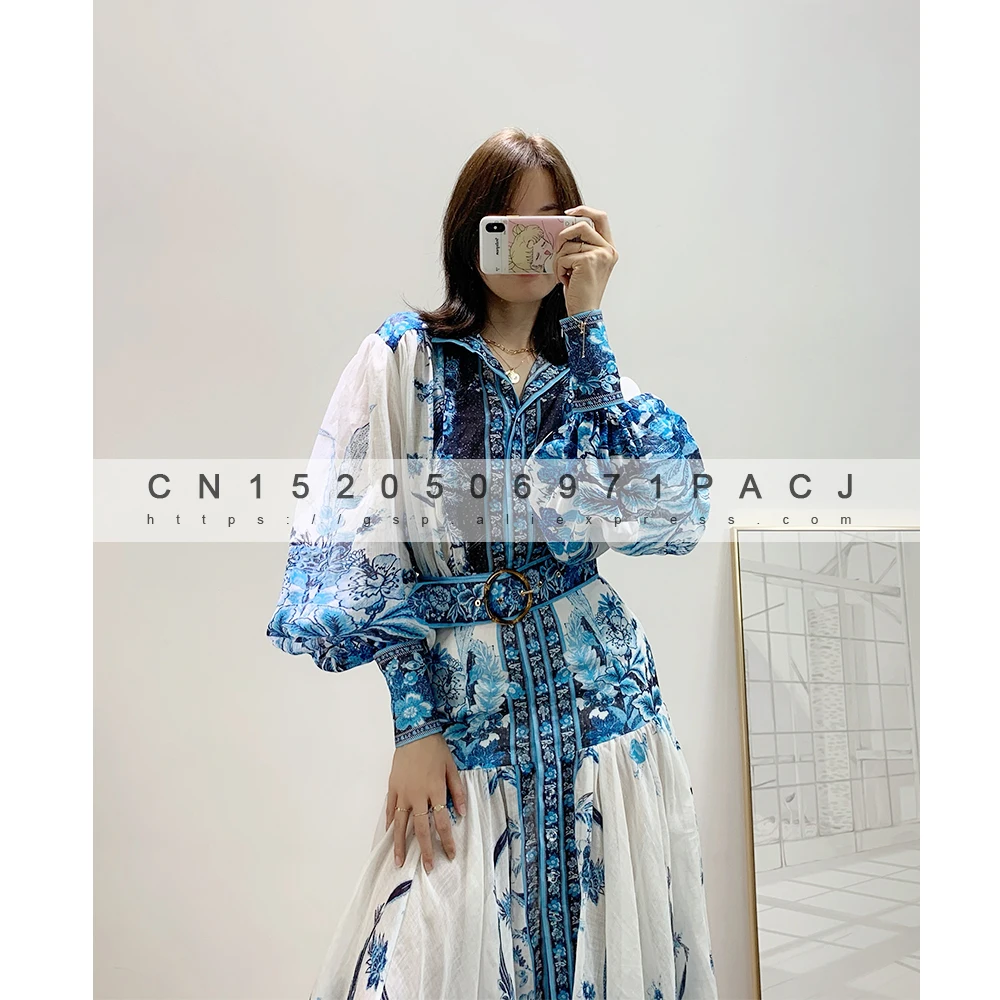 ZM high-quality retro ethnic wind Linen silk blue phoenix print stand collar lantern sleeve dress | Женская одежда