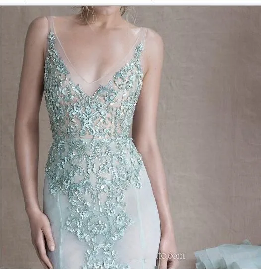 

Light Green Sheer Prom Dresses Spaghetti Strap V Neck Appliques Ruffles Evening Wear Illusion Tulle Long Prom Gown