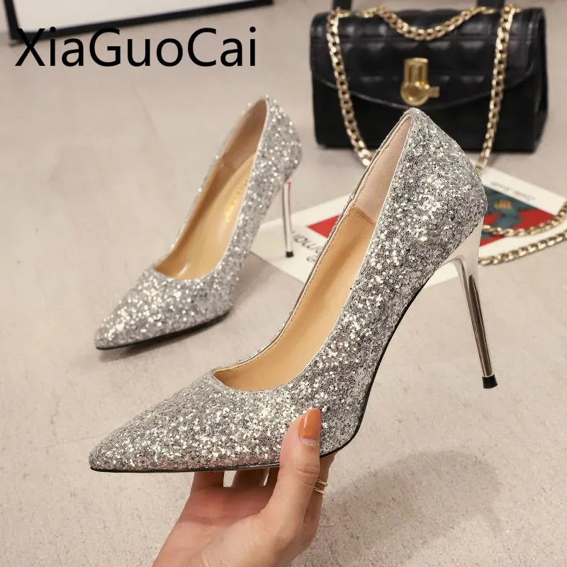 Туфли-лодочки женские с блестками высокий каблук заостренный носок пикантная