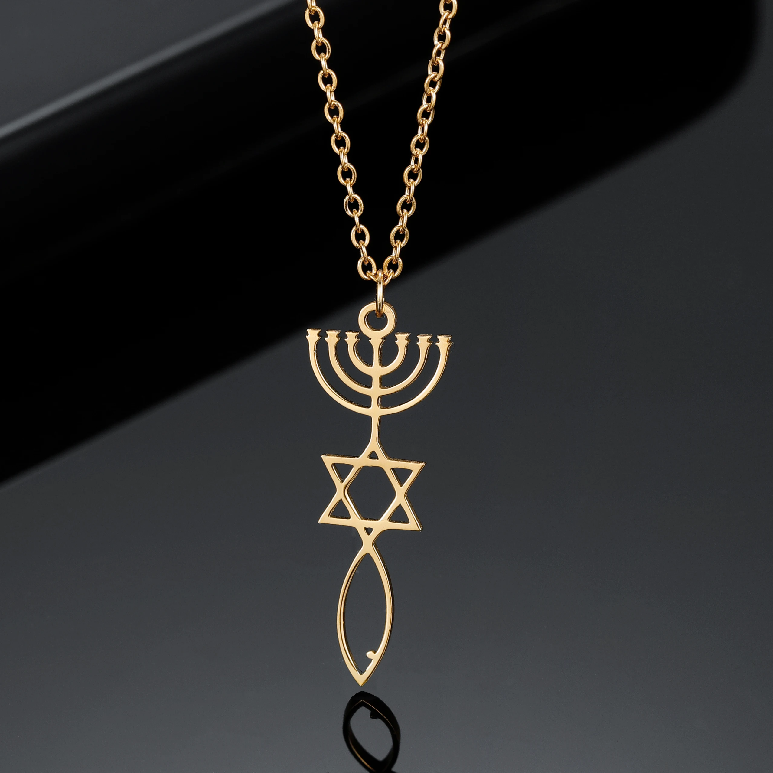 ‪Custom Messianic‬ ‪Seal‬ ,Menorah‬ Necklace Spiritual Religious For Women Stainless Steel Religious Star of David Jewelry