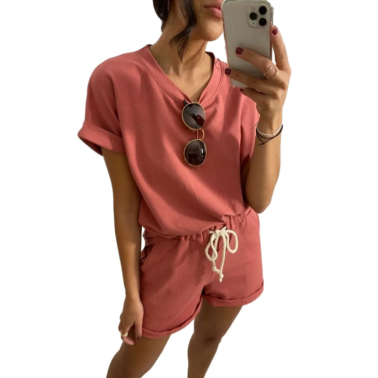 

2021 summer solid color casual home loose shorts suit