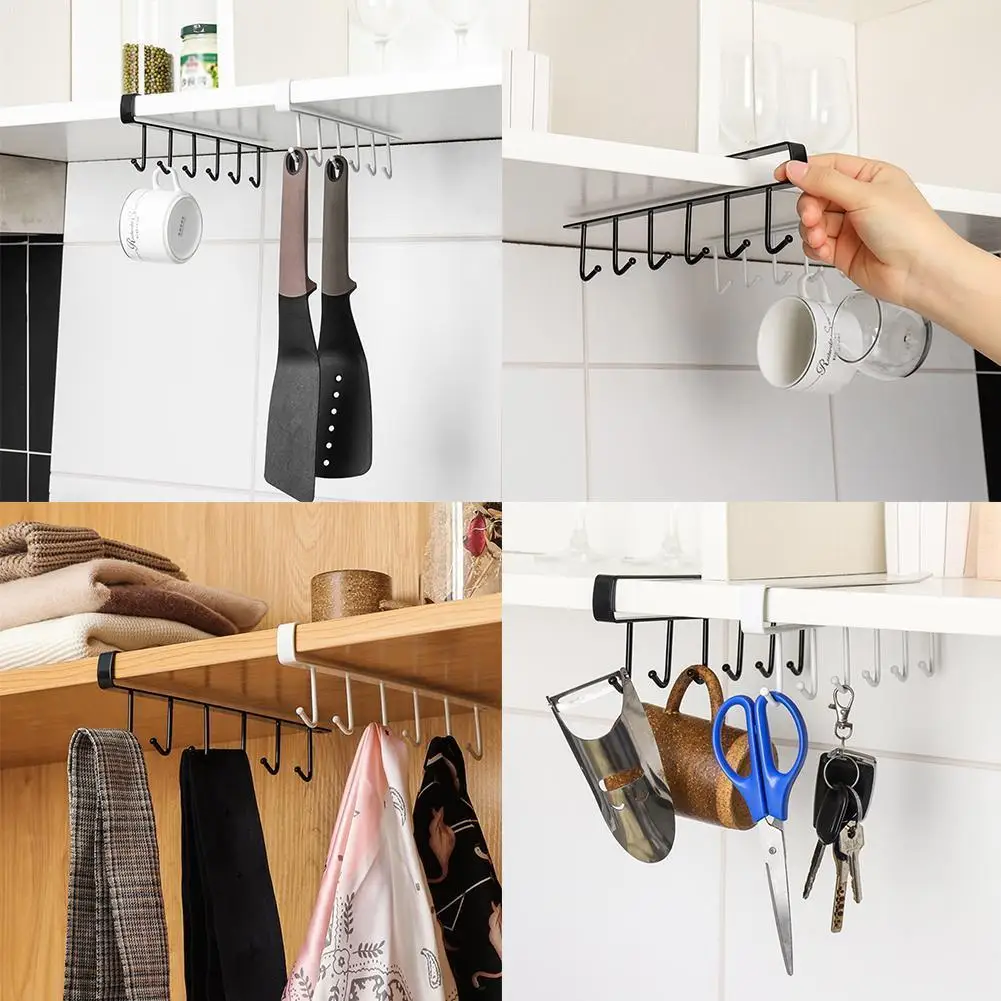 

Black/White Iron 6 Hooks Cup Holder Hanging Bathroom Shelf Door Storage Organizer Kitchen Home Cabinet Rack Decoration N2N3