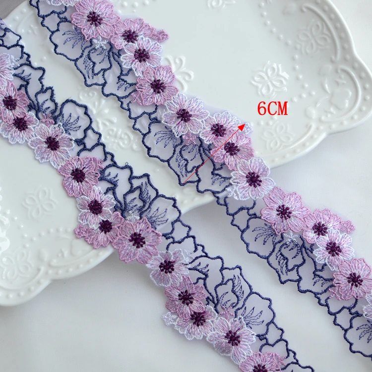 

6CM Wide Tulle Mesh Fabirc 3d Flowers Embroidered Lace Applique Collar Fringe Trim Wedding Dress Veil Sewing Garment Accessories