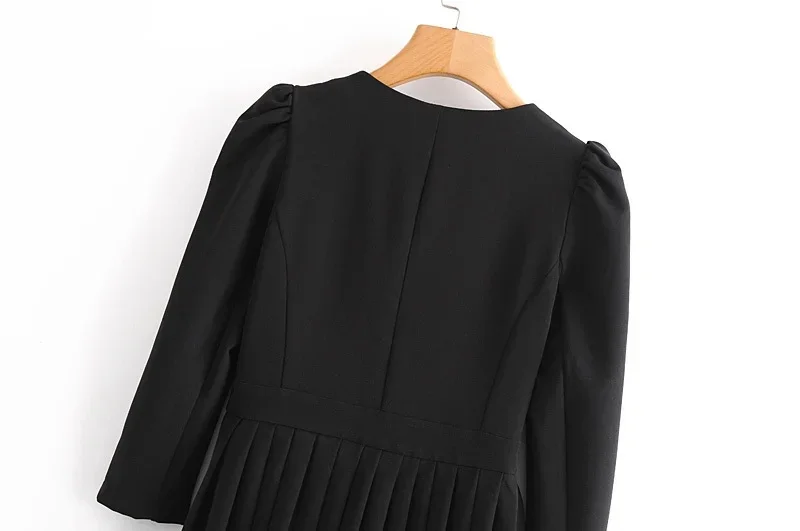 

Qeils Women Chic Fashion With Buttons Pleated Mini Dress Casual Vintage Square Collar Puff Sleeve Female Dresses Vestidos Mujer