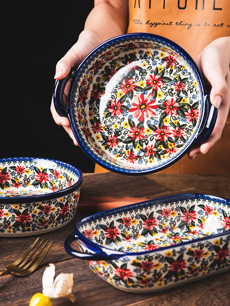 

Retro Ceramic Handle Salad Bowl Household Oven Breakfast Bake Pan Microwave Bohemia Binaural Soup In-glaze Tableware