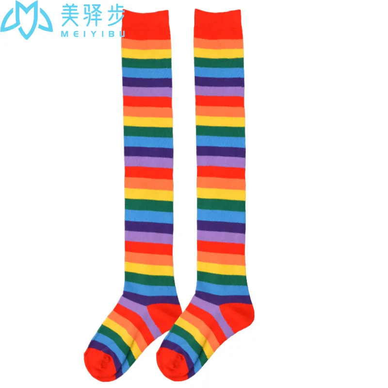 6 Pairs Per Set Colorful Socks Rainbow Stripe Long Tube Knee Socks Party Stocking Female Holiday Stocking Girl