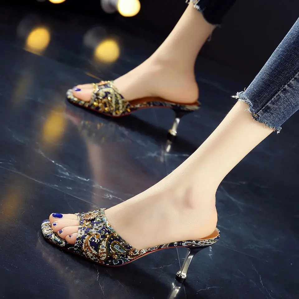

Embroidery Summer Women High Heels Sandals Open-toepeep High Heels Ladies Sandals Personalized Rhinestone Stiletto Sandals