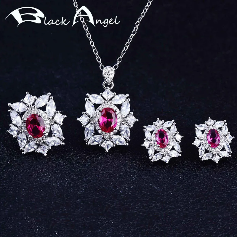

BLACK ANGEL 2021 New 925 Sterling Silver Jewelry Sets For Women Inlaid Shiny Gemstone Earrings Wedding Necklace Resizable Ring